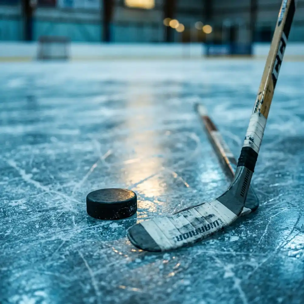 Hockey stick and puck resting on ice surface