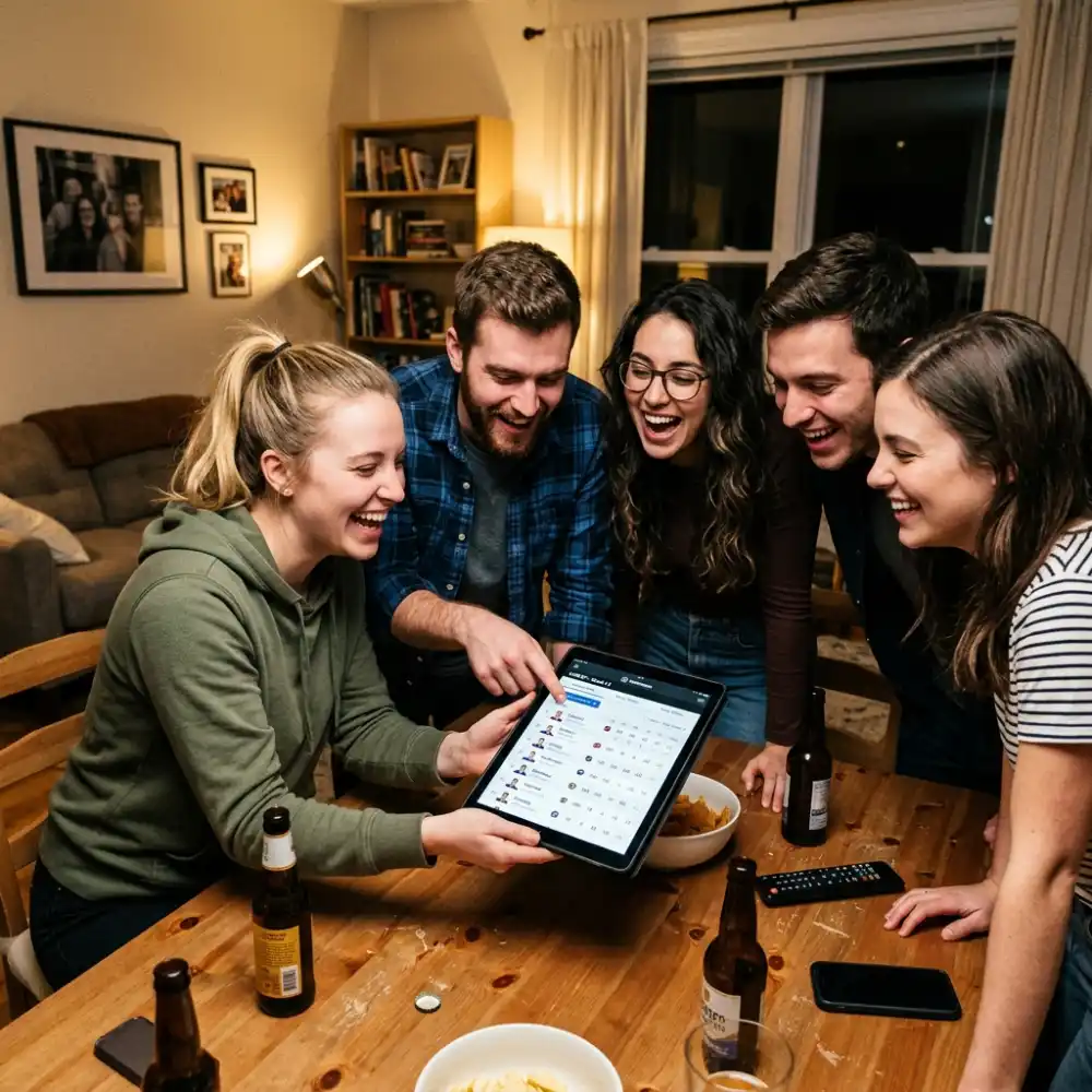 Friends gathered around a table looking at a tablet showing a fantasy hockey roster screen